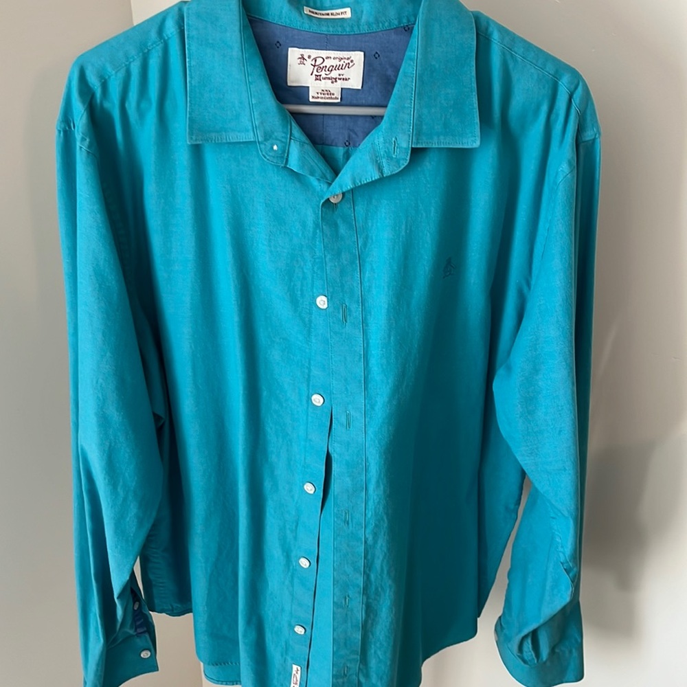 Penguin XXL Teal Long-Sleeved Button-Down